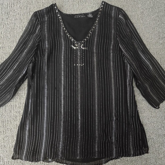 New York & Company Tops - New York & Co Silk‎ Blend Beaded Mesh Blouse Sheer Black Sequin Metallic L